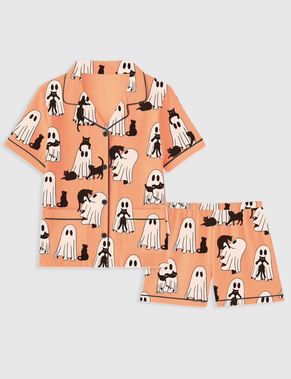 Women's Ghost Cat Retro Ghost Halloween Spooky Season Short Sleeve Pocket Cotton Pajama Set