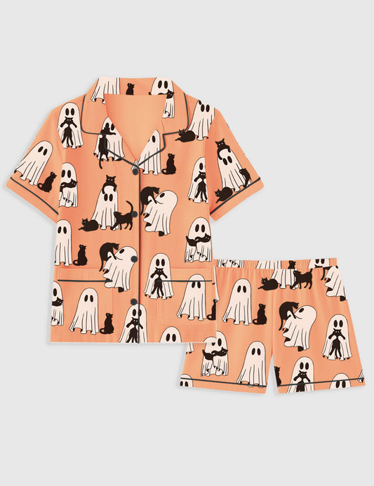Women's Ghost Cat Retro Ghost Halloween Spooky Season Short Sleeve Pocket Cotton Pajama Set