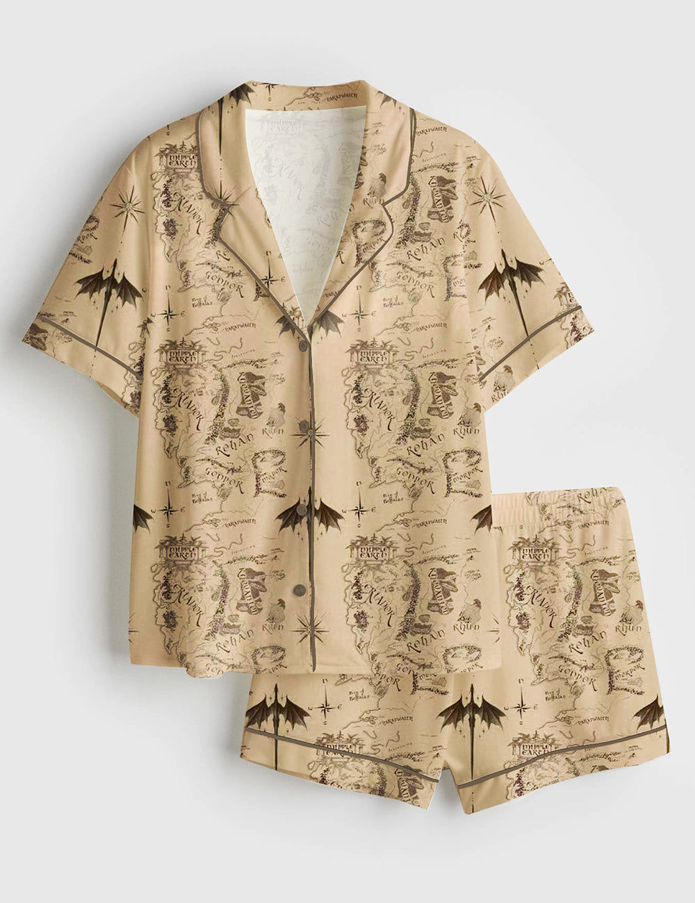 Women’s Middle Earth Map Print Lord Of The Rings Short Sleeve Satin Pajama Set