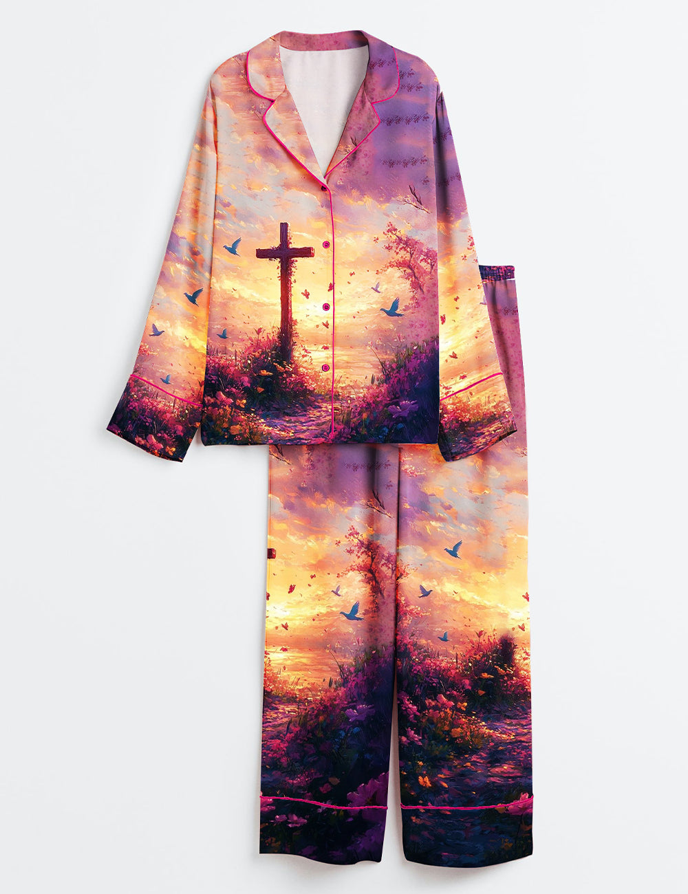 Women’s Christian Floral Cross Jesus Easter Long Sleeve Satin Pajama Set