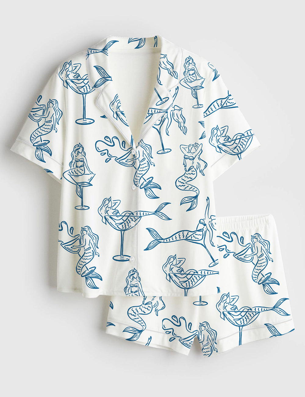 Women’s Hand Drawn Mairmaid In Martini Girl In Martini Glass For Bachelorette Whimsical Style Print Short Sleeve Satin Pajama Set