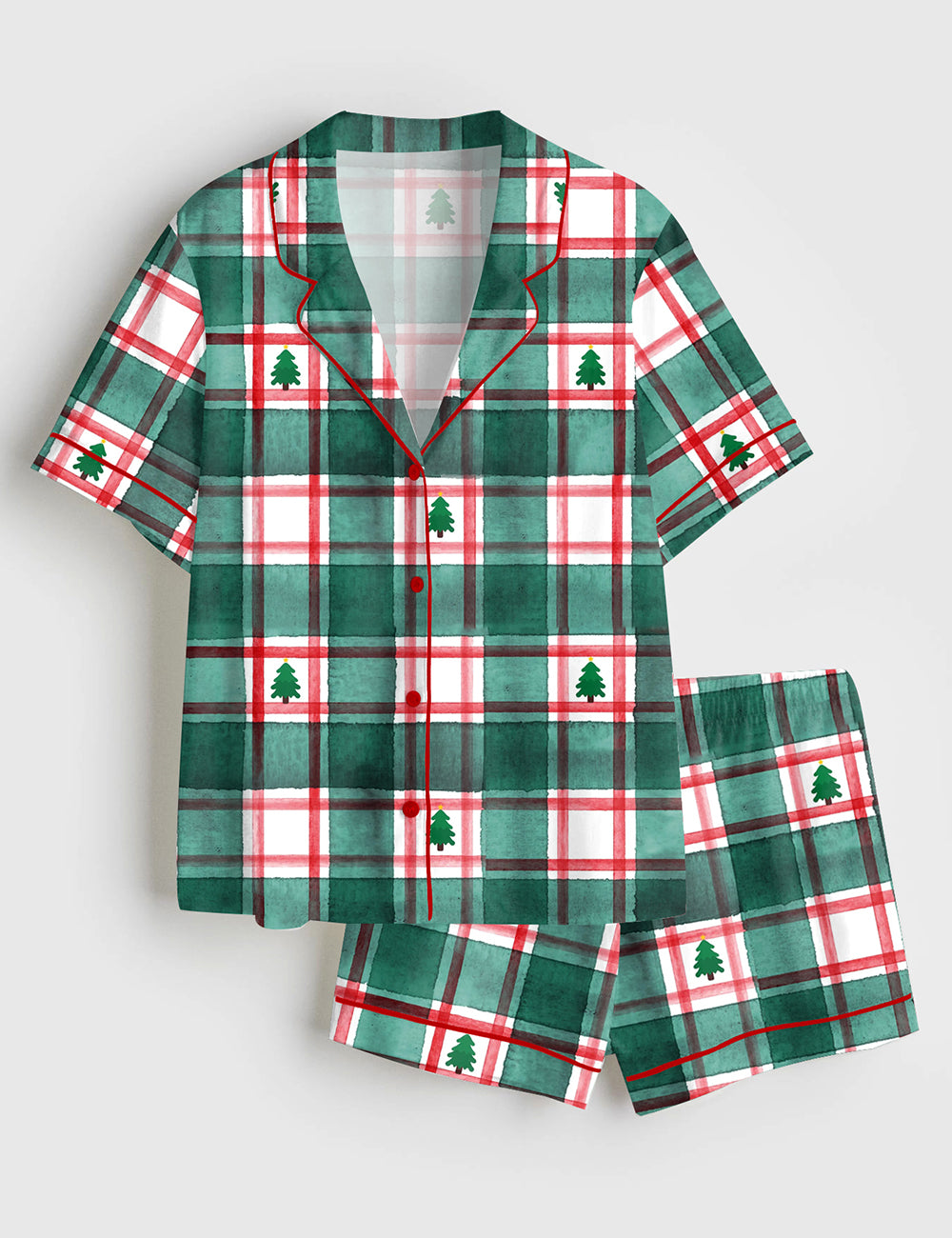 Women’s Green Gingham Christmas Tree Short Sleeve Satin Pajama Set