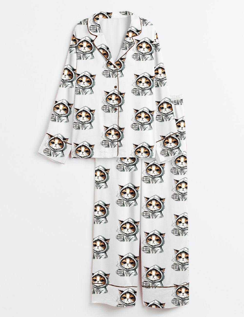 Women’s Nope Not Today Cute Cat Funny Cats Lover Print Long Sleeve Satin Pajama Set