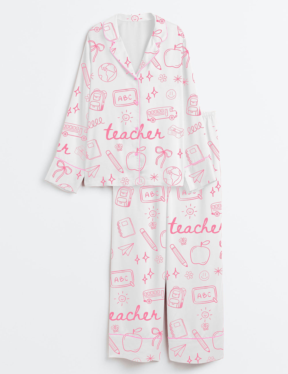 Women’s Teacher Doodle Coquette Pink Bows Back To School Long Sleeve Satin Pajama Set
