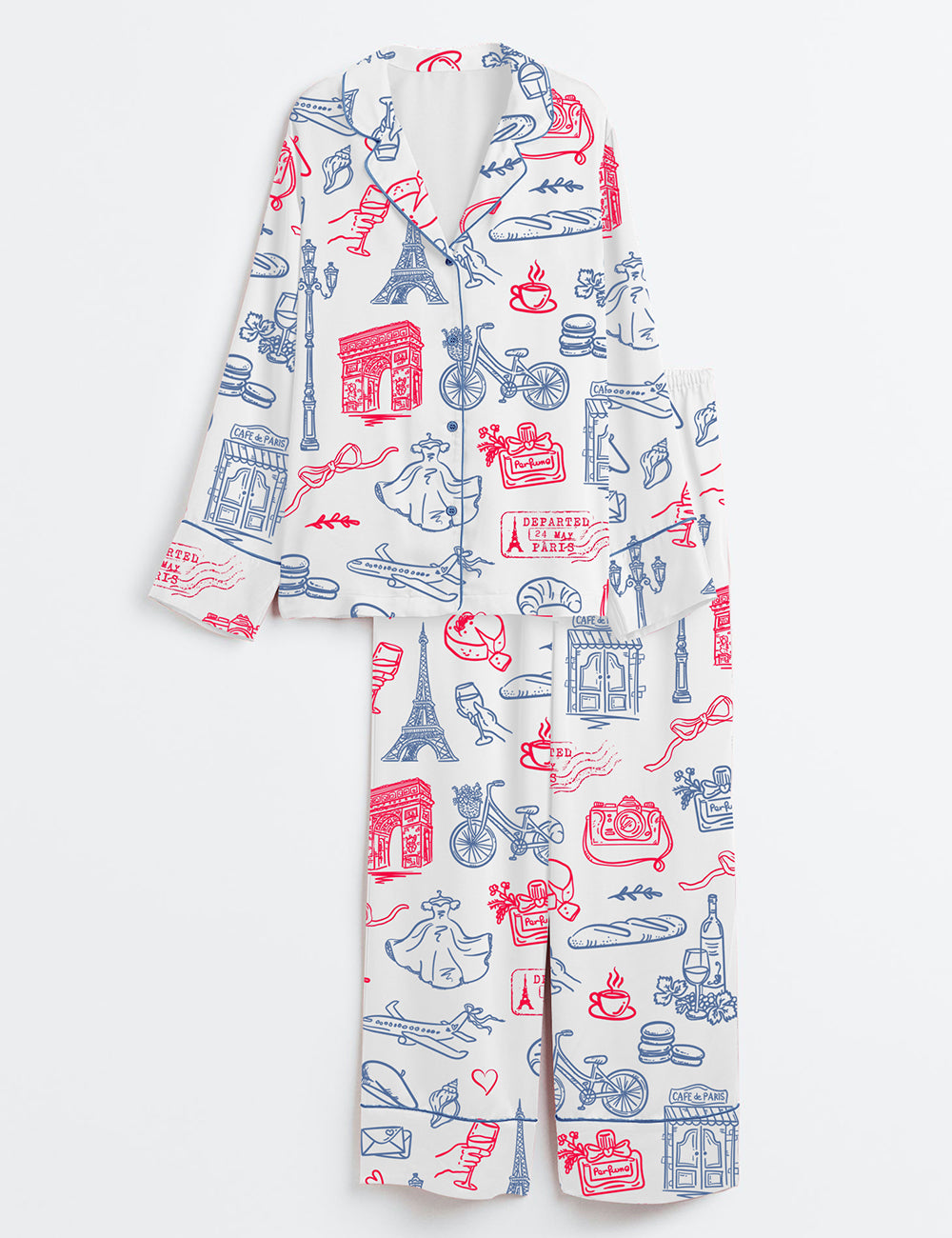 Women’s Paris Whimsical French Parisian Symbols Long Sleeve Satin Pajama Set