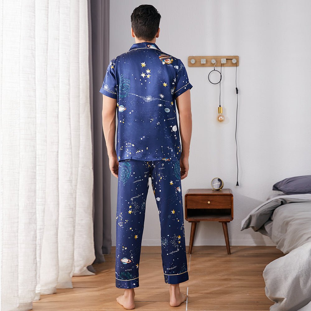 Mens Navy Blue Silk Pajama Set Galaxy Print Mens Silk Pajamas