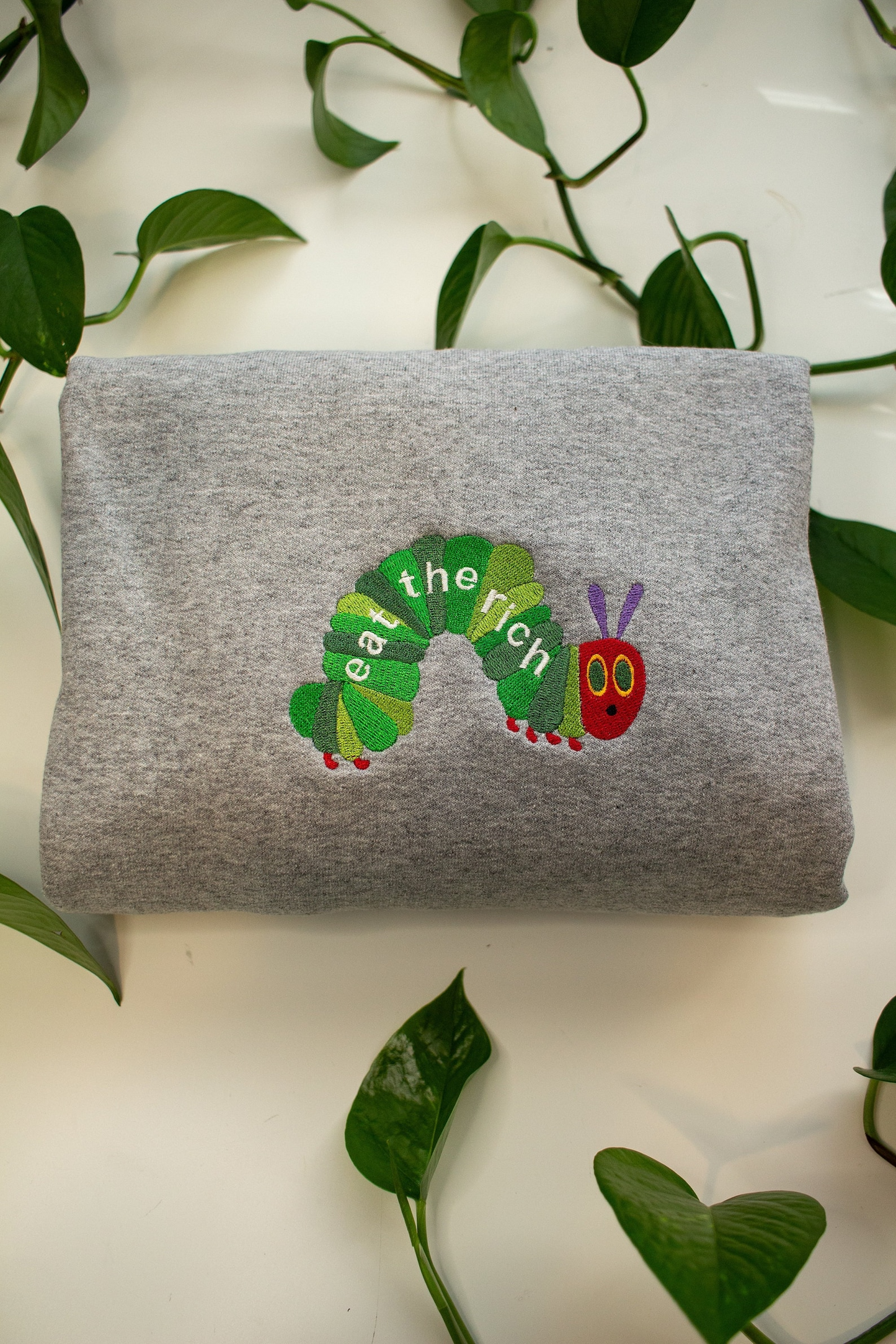 Eat the Rich Sweater, Embroidered Hungry Caterpillar sweatshirt