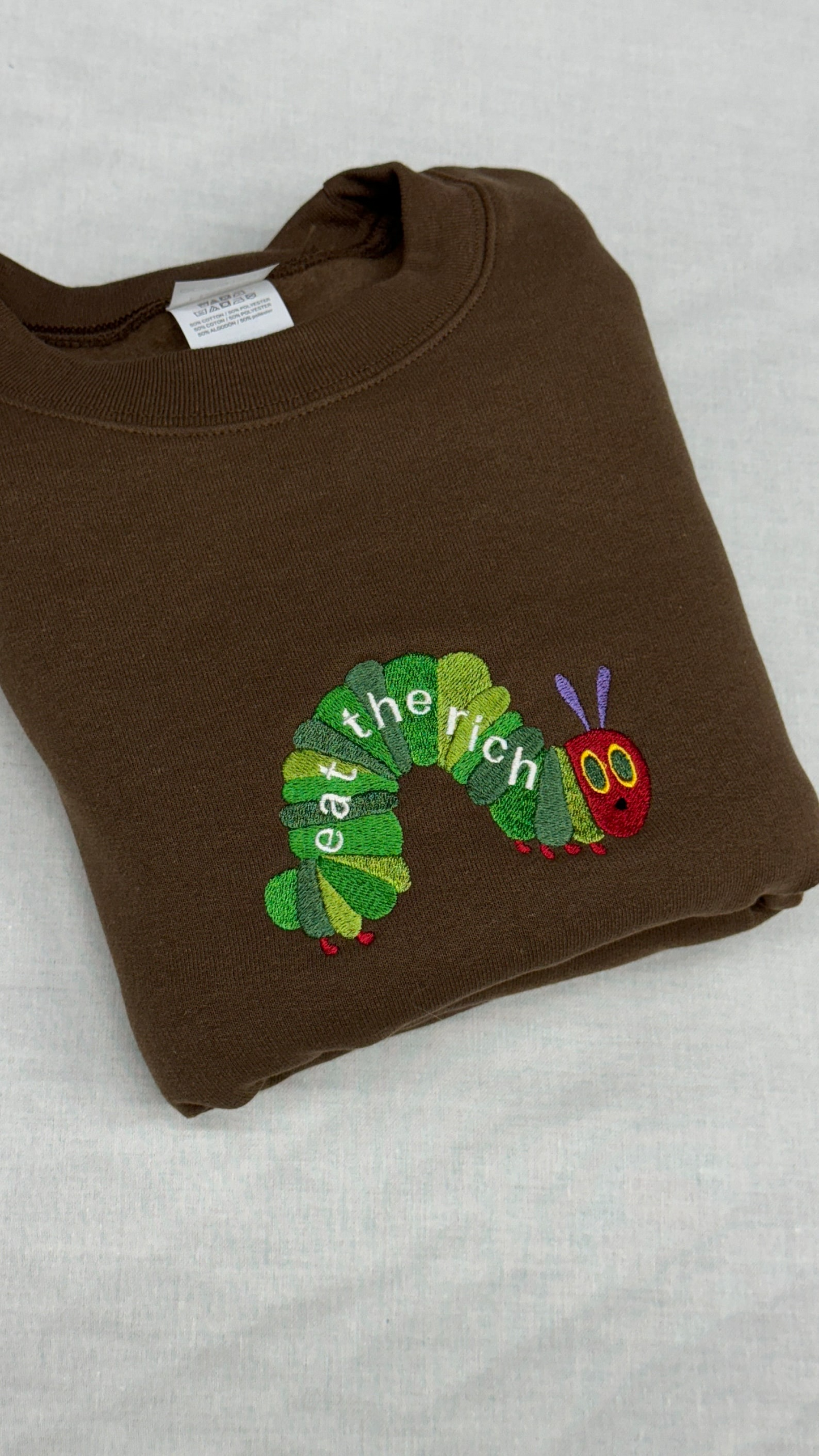 Eat the Rich Sweater, Embroidered Hungry Caterpillar sweatshirt
