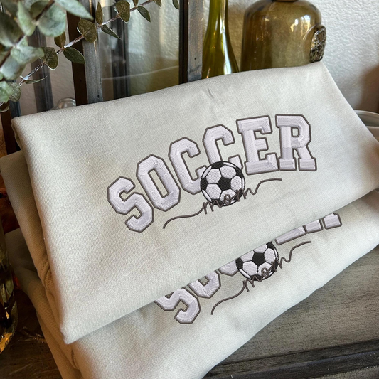 Embroidered Soccer Mom with Kids Name On Sleeve Sweatshirt, Mama Sweatshirt, Fall Soccer Season Shirt, Gift For Mom