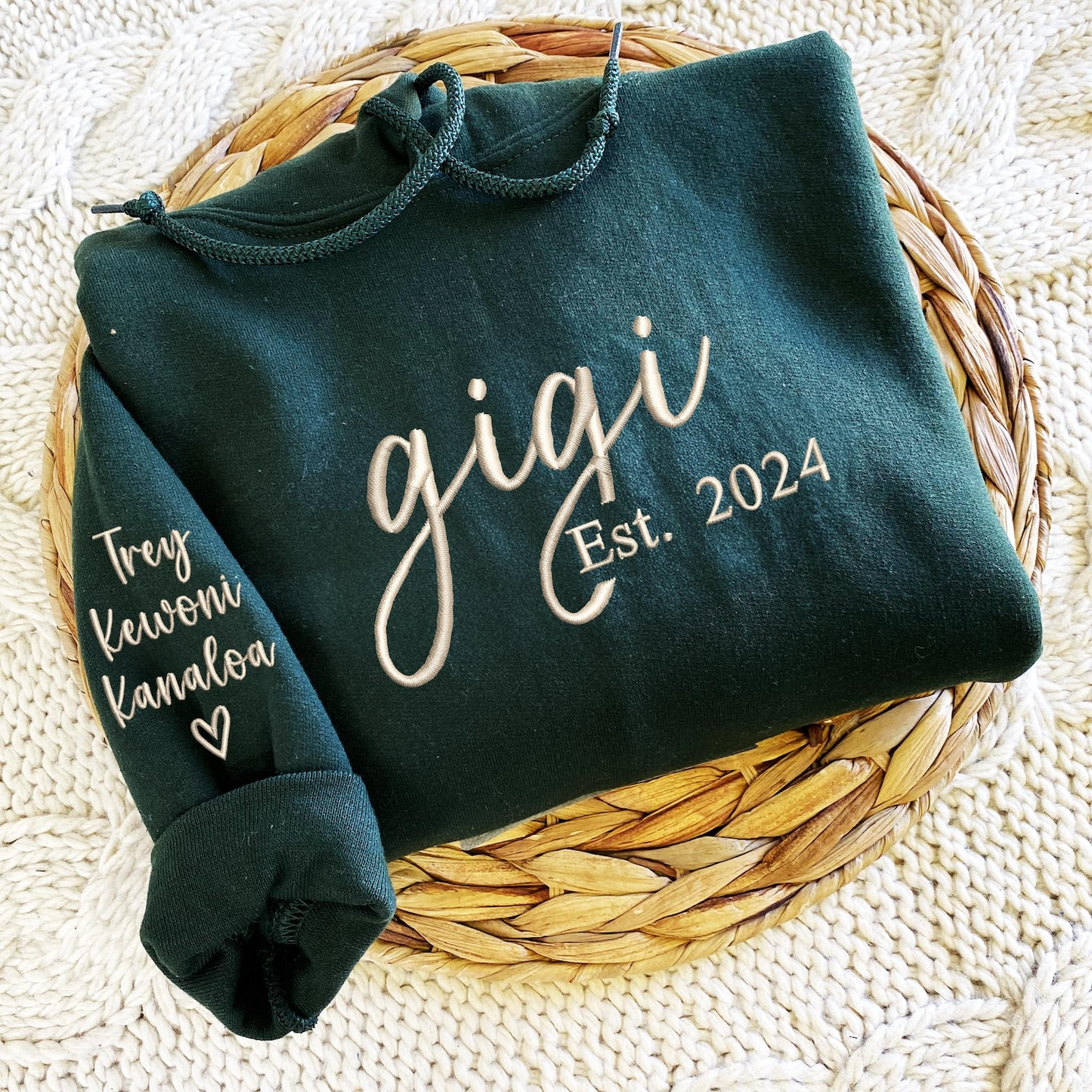 Personalized Gigi Sweatshirt, Custom Embroidered with Grandkids Names on Sleeve, Perfect Gift for Gigi