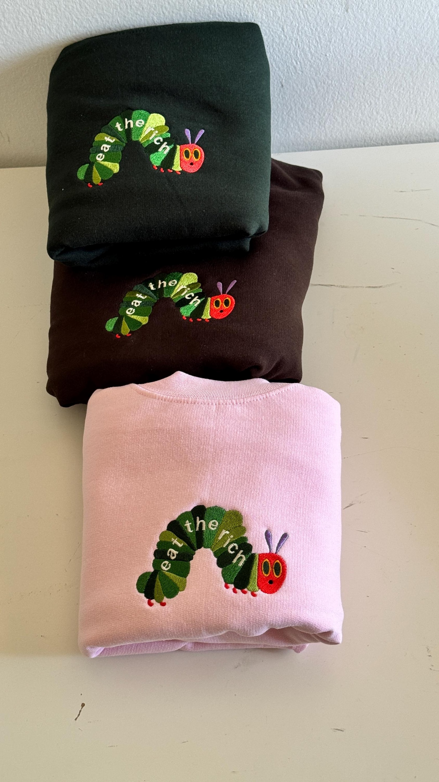 Eat the Rich Sweater, Embroidered Hungry Caterpillar sweatshirt