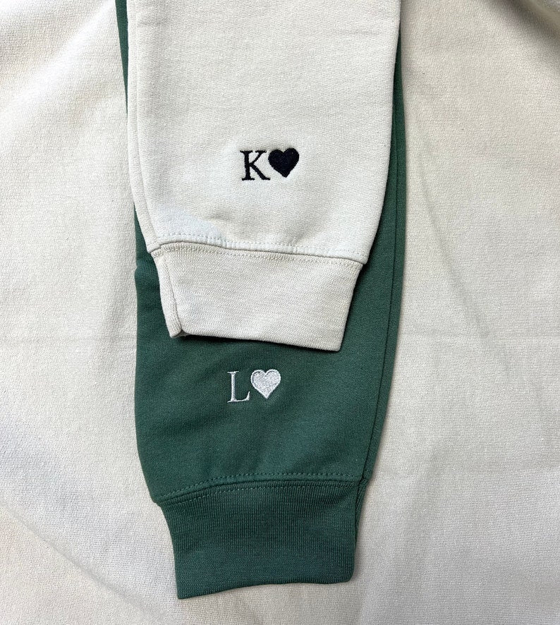 Custom Embroidered Initial Heart Sweatshirt, Initial on Sleeve, Couple Shirt, Anniversary, Couple's Shirt, Custom Embroidered Hoodie.