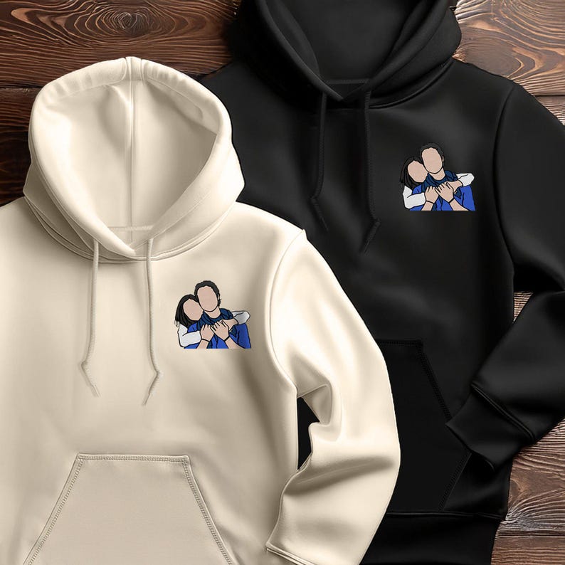 Custom Portrait Hoodie for Couples, Hoodie with Date, Couple Hoodies, Matching Embroidered Hoodies, Romantic Couple Gift