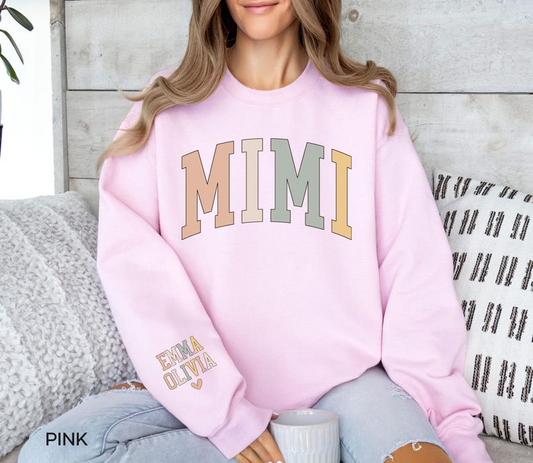 Personalized Mimi Sweatshirt with Grandkids Names on Sleeve, Christmas Gift for New Mimi Gifts, Mothers Day Gift, Grandma Sweatshirt