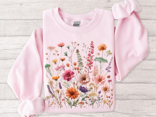 Vintage Pressed Flowers Sweatshirt, Boho Cottagecore Crewneck, Pastel Botanical Floral Pullover