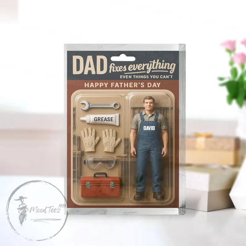 Dad Fixes Everything – Personalized Acrylic Block for Father's Day, Custom Handyman Gift with Dad Name, Toolbox & Repair Tools