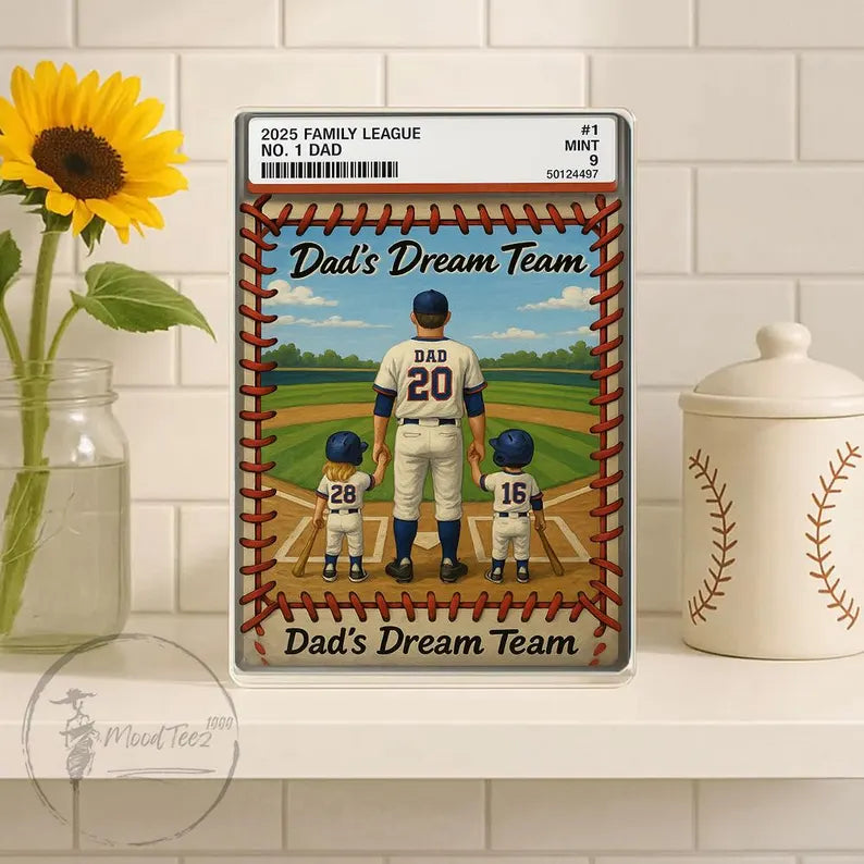 Personalized Baseball Dad Trading Card Theme Acrylic Block – Father's Day Gift from Kids – Custom Sports Keepsake – Dad's Dream Team Display