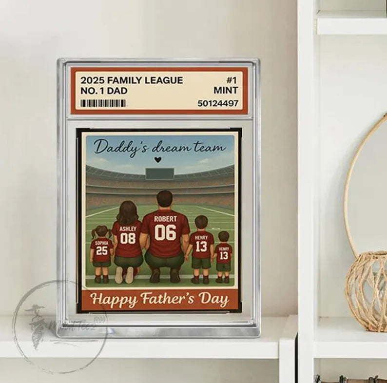 American Football Daddy's Dream Team No. 1 Dad Man & Kids Sitting Trading Card Style Personalized Acrylic Block Plaque, Gift for Dad,Husband