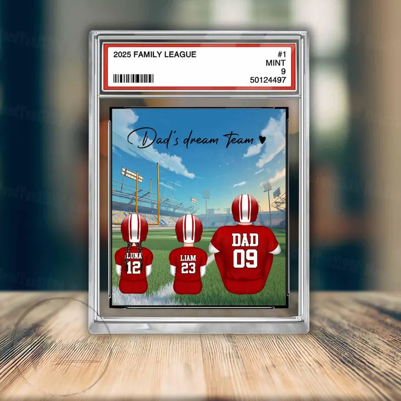 American Football Daddy's Dream Team No. 1 Dad Man & Kids Sitting Trading Card Style Personalized Acrylic Block Plaque, Gift for Dad,Husband