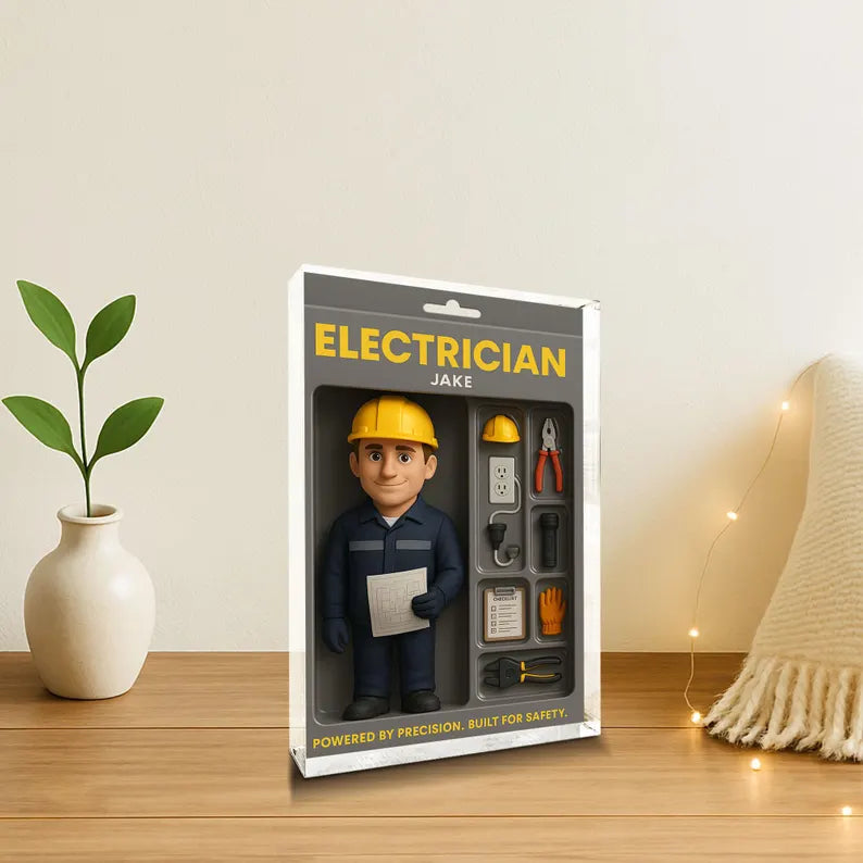 Personalized Acrylic Block Featuring Electrician with Tools - Precision Crafted Display for Safety Enthusiasts and Professionals