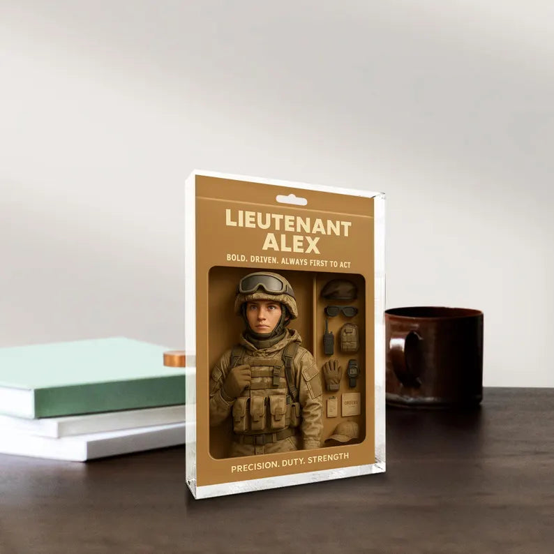Personalized Military Acrylic Block – Custom Army Figure Gift for Him – Honor, Duty, Strength – Unique Decor for Veterans or Soldiers