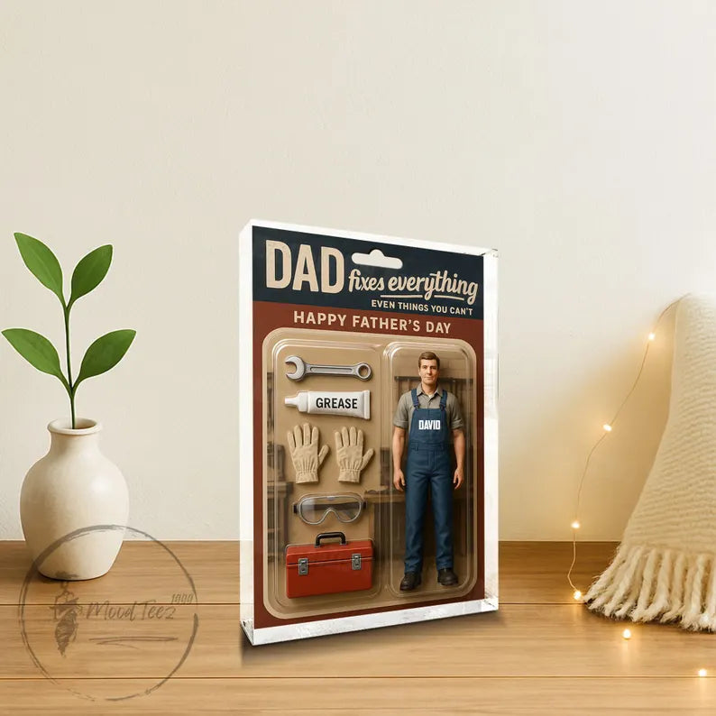 Dad Fixes Everything – Personalized Acrylic Block for Father's Day, Custom Handyman Gift with Dad Name, Toolbox & Repair Tools