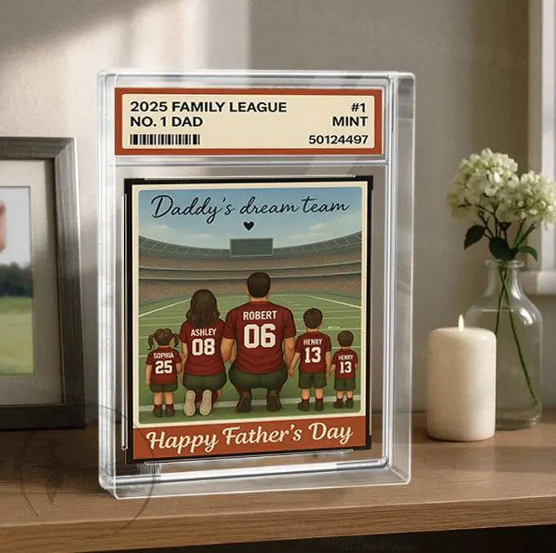 American Football Daddy's Dream Team No. 1 Dad Man & Kids Sitting Trading Card Style Personalized Acrylic Block Plaque, Gift for Dad,Husband