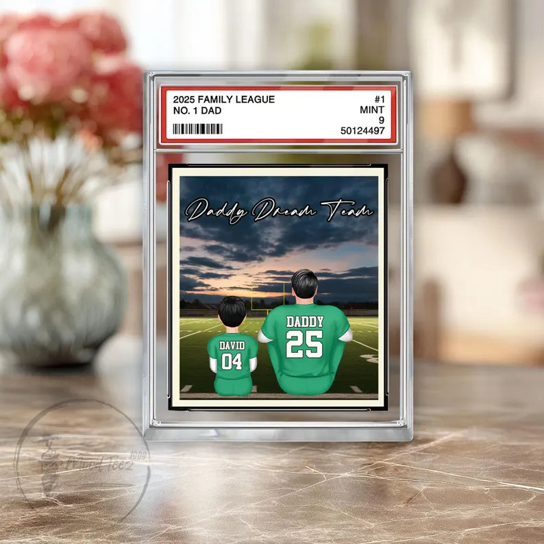 American Football Daddy's Dream Team No. 1 Dad Man & Kids Sitting Trading Card Style Personalized Acrylic Block Plaque, Gift for Dad,Husband