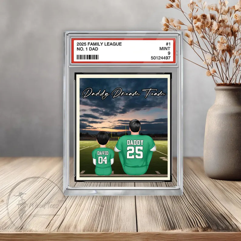 American Football Daddy's Dream Team No. 1 Dad Man & Kids Sitting Trading Card Style Personalized Acrylic Block Plaque, Gift for Dad,Husband