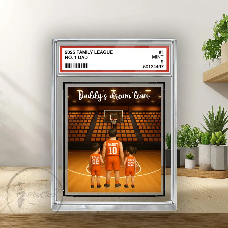 Basketball No.1 Dad Grandpa Man And Kids Trading Card Style Personalized Acrylic Block, Fathers Day Gift For Basketball Dad, Family Plaque