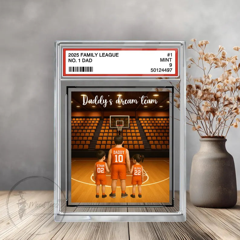 Basketball No.1 Dad Grandpa Man And Kids Trading Card Style Personalized Acrylic Block, Fathers Day Gift For Basketball Dad, Family Plaque