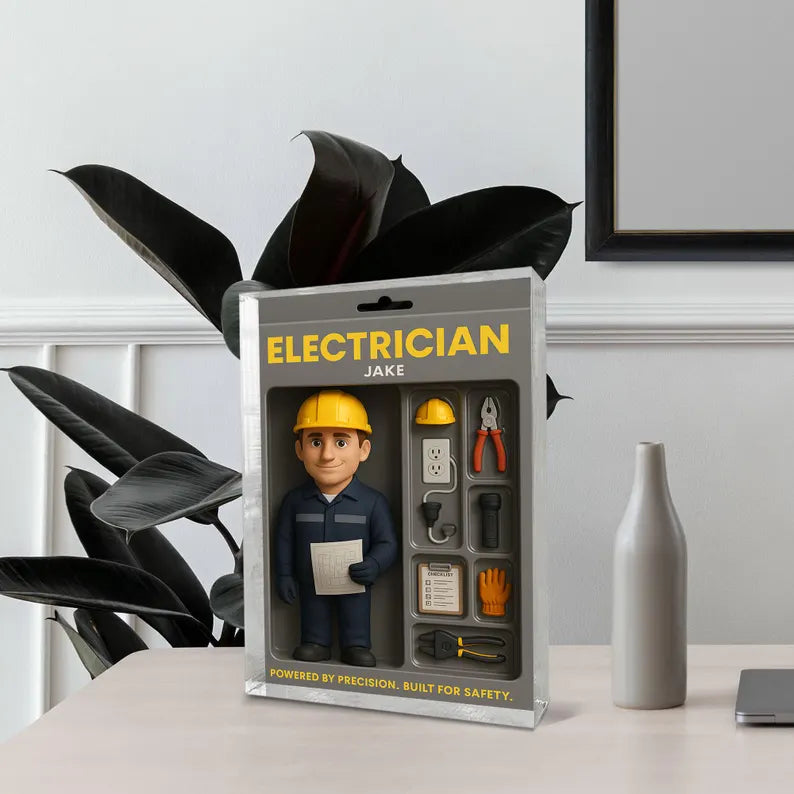 Personalized Acrylic Block Featuring Electrician with Tools - Precision Crafted Display for Safety Enthusiasts and Professionals