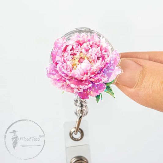 Pink Peony Badge Reel, Floral Retractable ID Holder, Elegant Name Tag Clip for Nurses, Teachers, Office Gift, Spring Botanical Charm