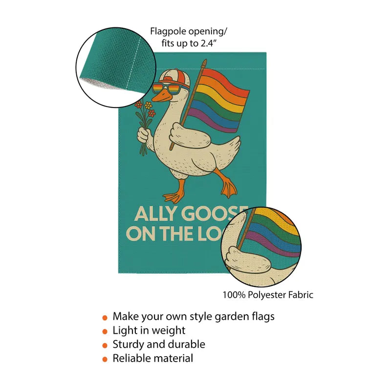 Ally Goose On The Loose Garden Flag, Funny LGBTQ Pride Yard Decor, Rainbow Duck Outdoor Sign, Queer Ally Inclusive Lawn Banner