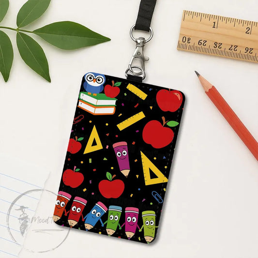 Teacher Badge Holder with Cute School Supplies, PU Leather ID Holder, Back to School Gift, Lanyard Optional, Fun Print