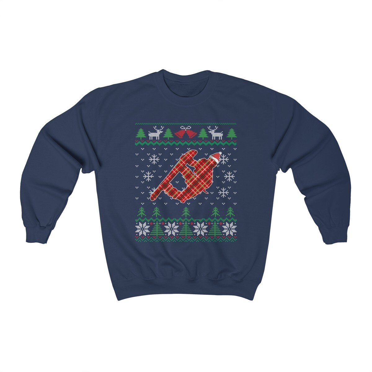 Snowboarder Santa Claus Ugly Christmas Sweatshirt, Plaid Snowboarding Shirt, Snowboard Teacher Gift, Boarding Dad & Teen Unisex Sweatshirt