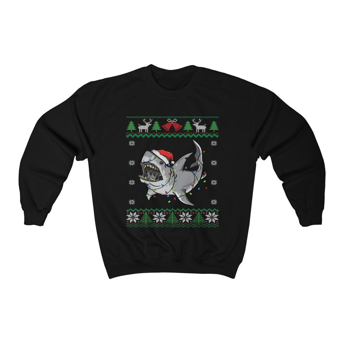 Funny Great White Shark Themed Ugly Christmas Sweatshirt, Shark Santa Hat & Christmas Lights, Shark Holiday, Shark Lover Christmas Gift