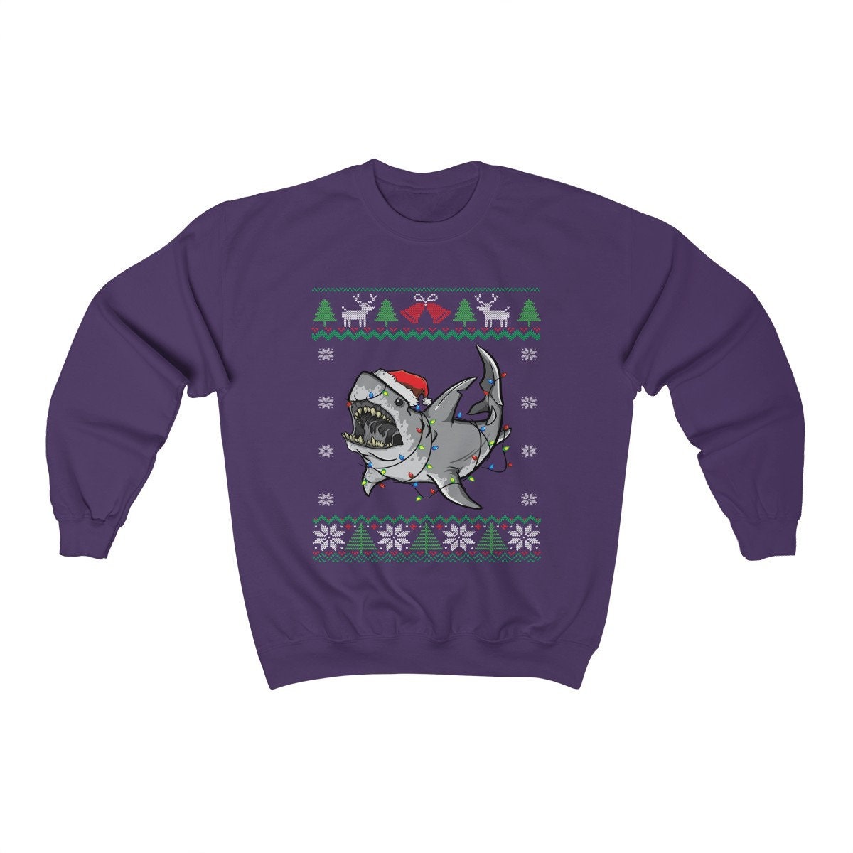 Funny Great White Shark Themed Ugly Christmas Sweatshirt, Shark Santa Hat & Christmas Lights, Shark Holiday, Shark Lover Christmas Gift