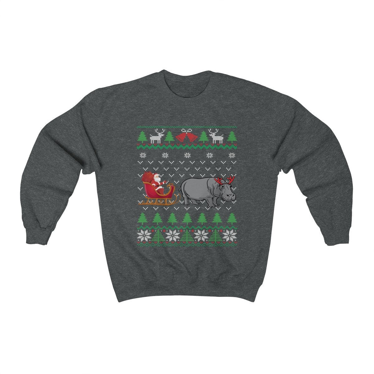 Hippo Pulling Santa's Sleigh | Funny Hippopotamus Themed Ugly Christmas Sweatshirt | African Hippo Lover Gift Shirt
