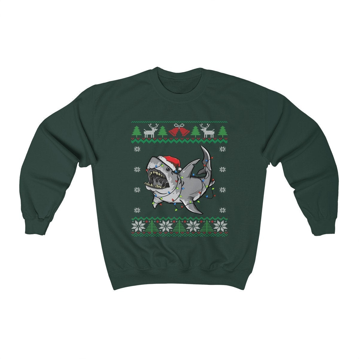 Funny Great White Shark Themed Ugly Christmas Sweatshirt, Shark Santa Hat & Christmas Lights, Shark Holiday, Shark Lover Christmas Gift