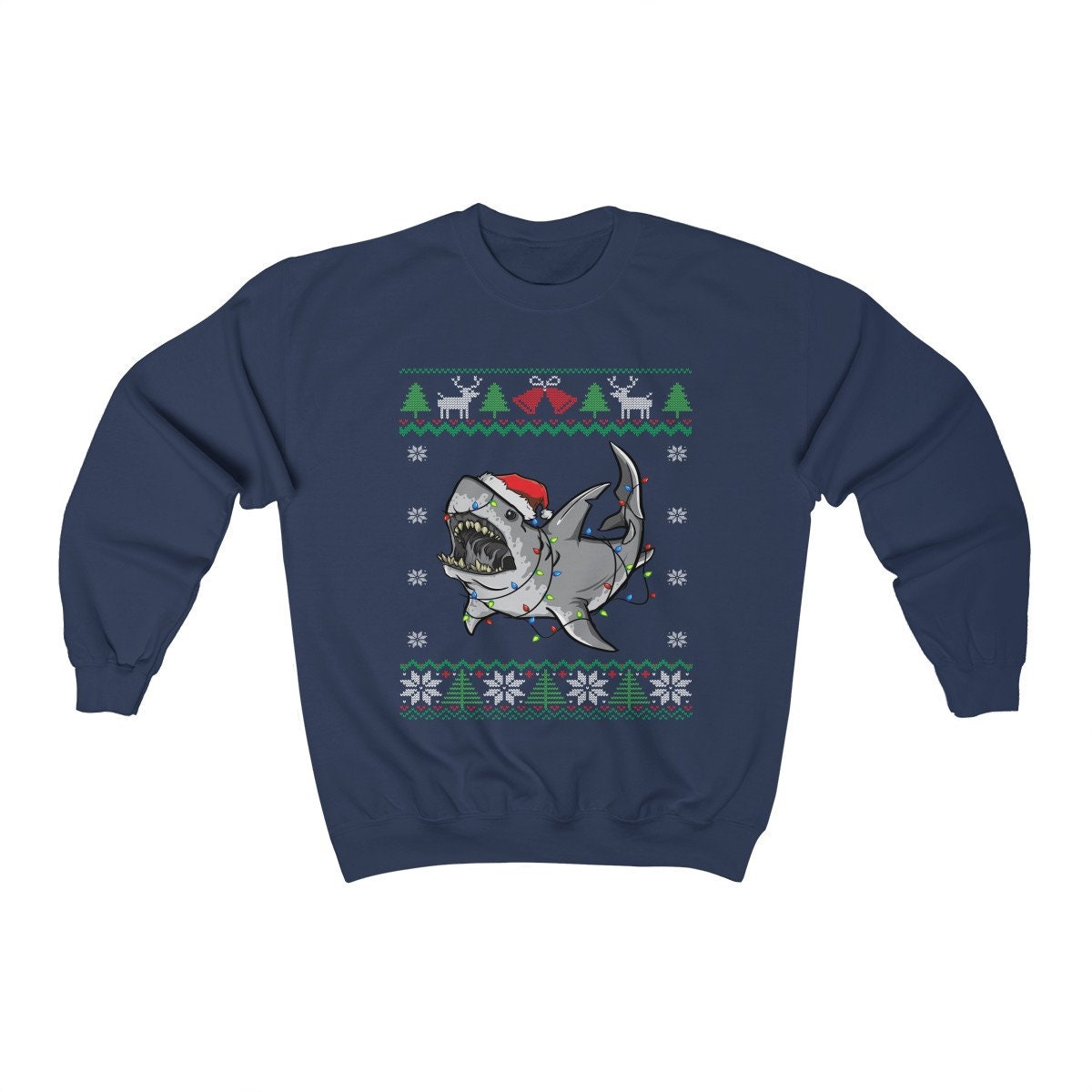 Funny Great White Shark Themed Ugly Christmas Sweatshirt, Shark Santa Hat & Christmas Lights, Shark Holiday, Shark Lover Christmas Gift