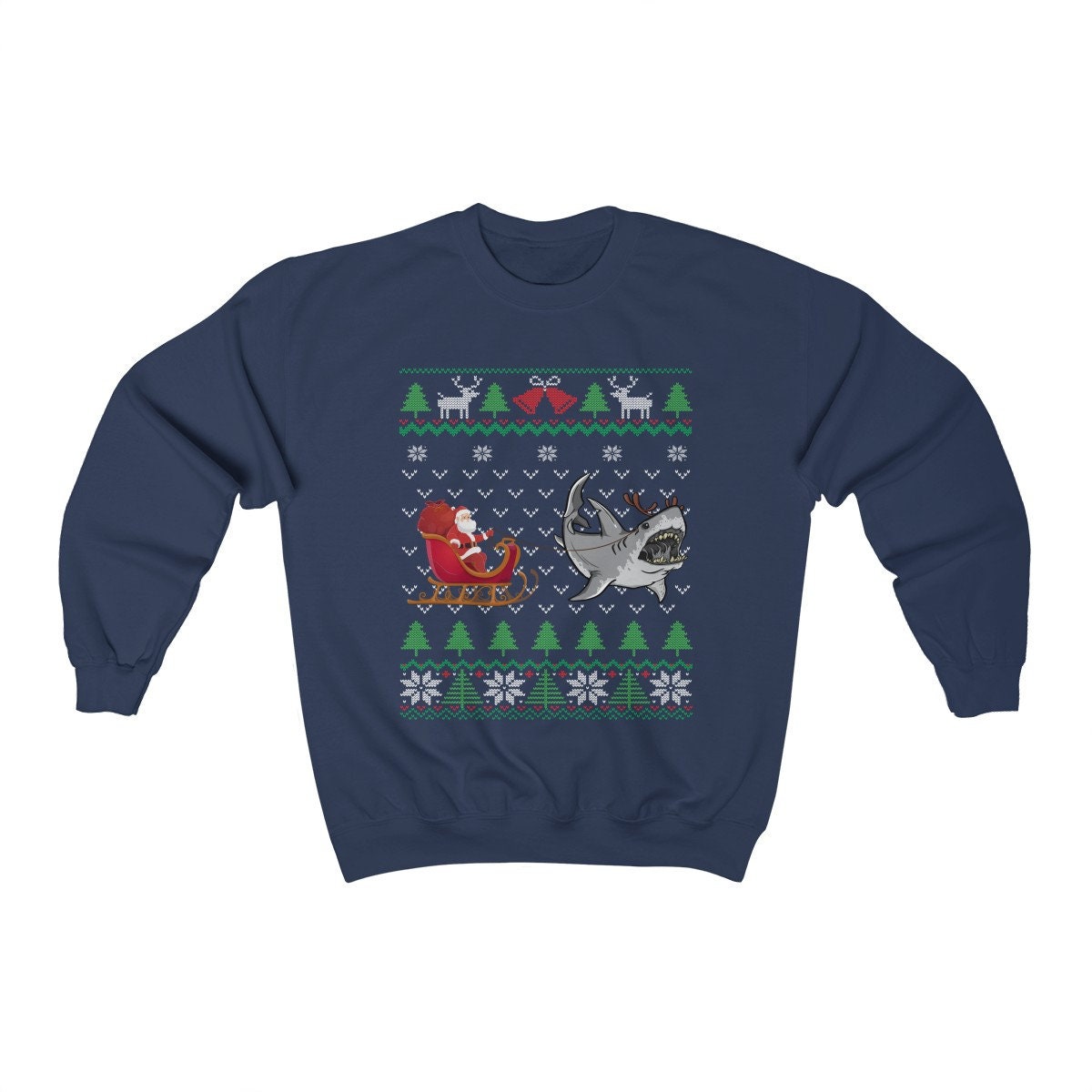 Great White Shark Pulling Santa's Sleigh | Funny Shark Themed Ugly Christmas Sweatshirt | Shark Lover Gift | Christmas Shark Shirt