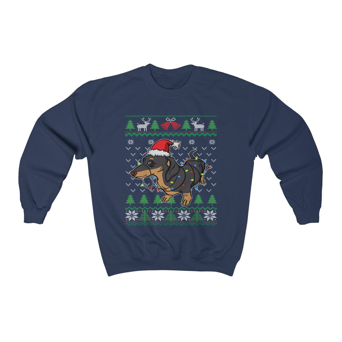 Cute Dachshund Ugly Christmas Sweatshirt, Dachshund Santa Hat Wrapped in Christmas Lights, Funny Wiener Dog Lover & Owner Gift Shirt