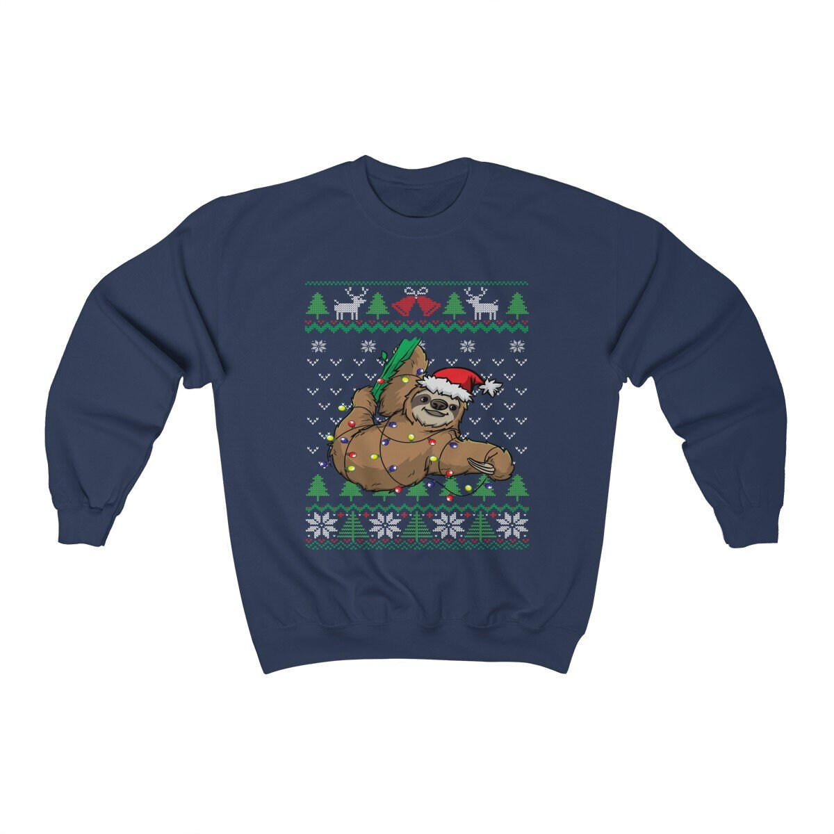 Funny Sloth Themed Ugly Christmas Sweatshirt, Cute Hanging Sloth Santa Hat & Christmas Lights, Gift for Sloth Lover Christmas Shirt
