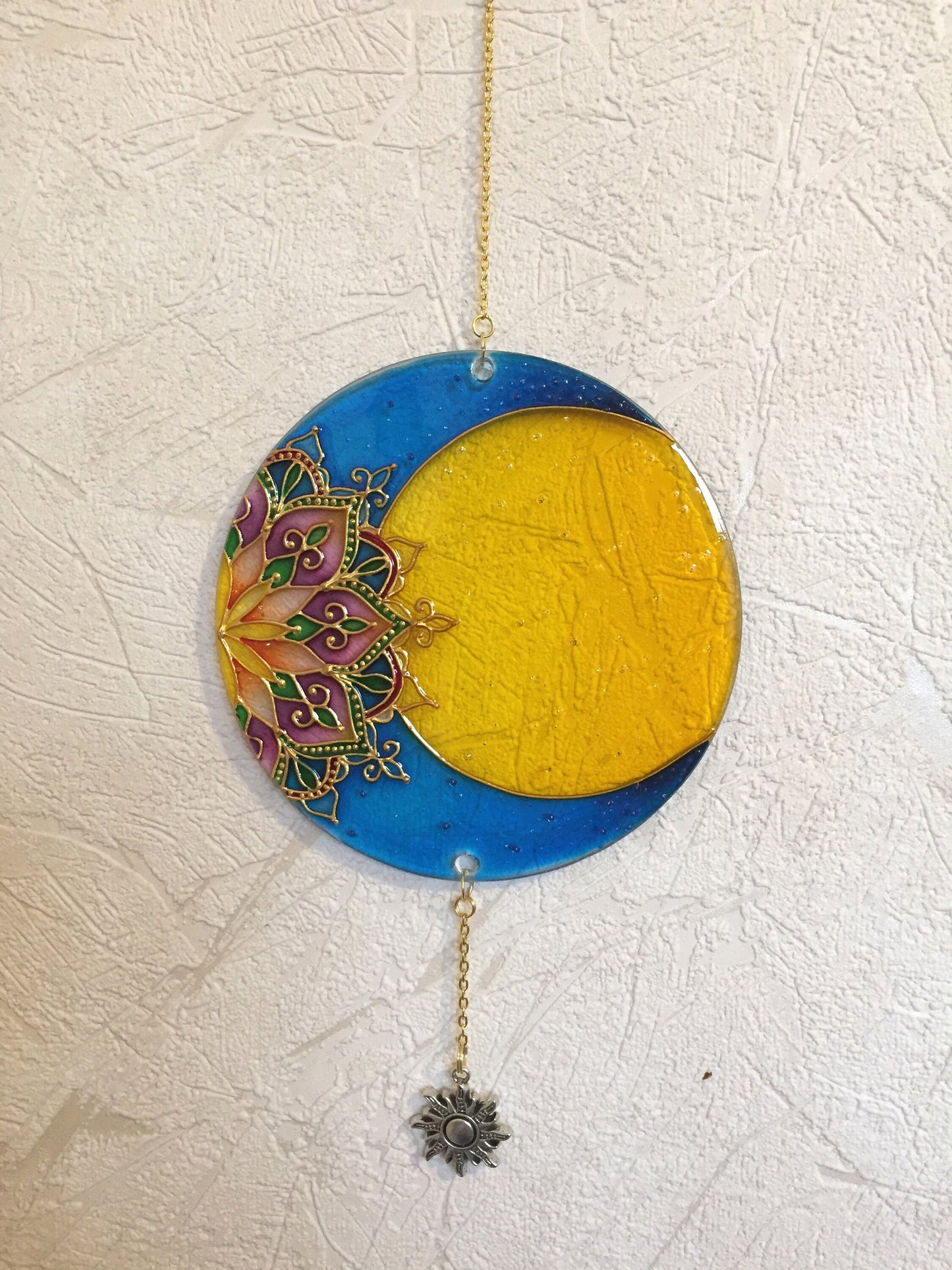 Indie room decor Moon Mandala Sacred geometry Stained glass painting (Violet+yellow)