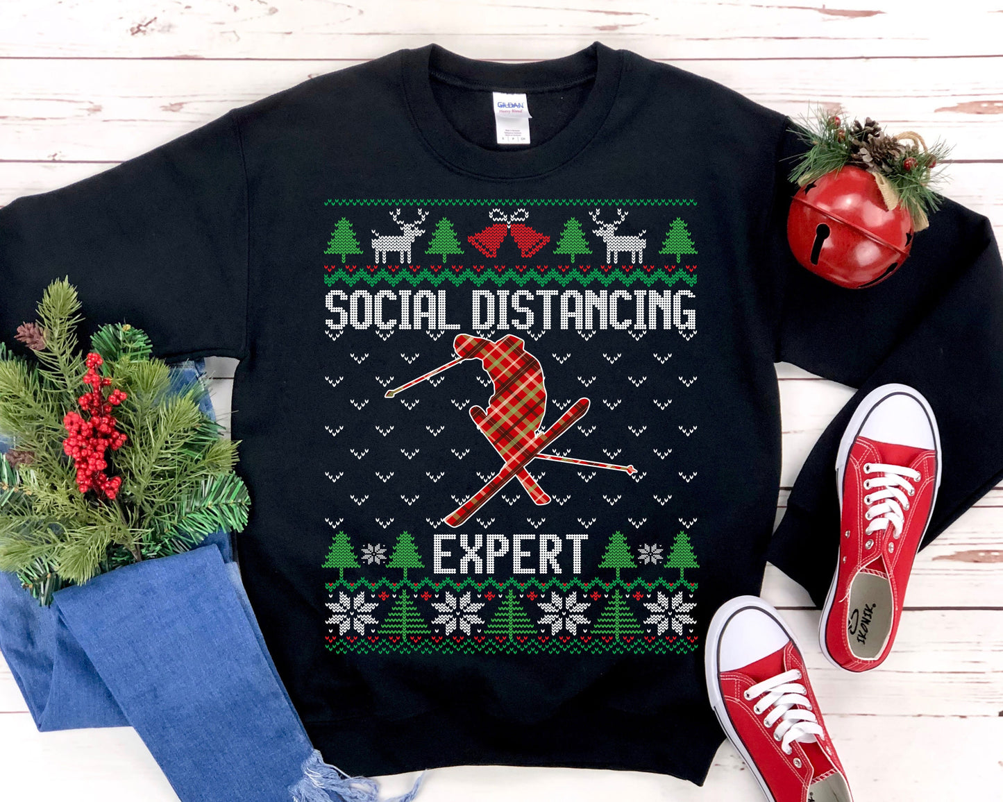 Social Distancing Expert Skiing Ugly Christmas Sweatshirt, Funny Ski Shirt, Skier Gift Ski Lover Unisex Sweatshirt