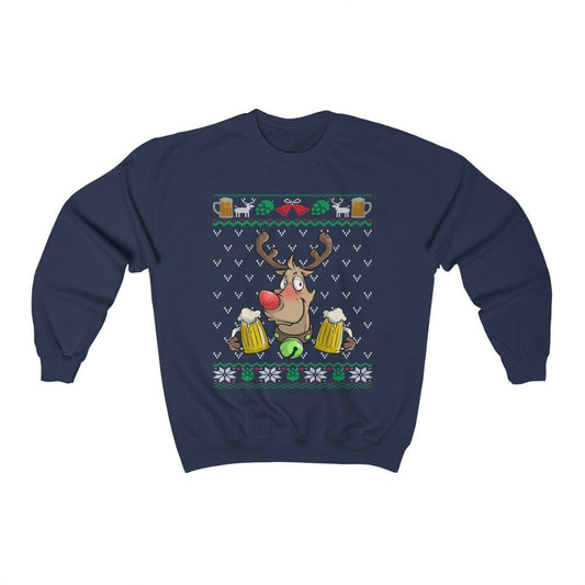 Beer Drinking Rudolph Ugly Christmas Sweatshirt, Funny Beer Lover Gift for Dad, Xmas Clothes, Beer Holiday Party Shirt Unisex Crewneck