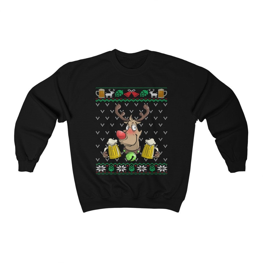 Beer Drinking Rudolph Ugly Christmas Sweatshirt, Funny Beer Lover Gift for Dad, Xmas Clothes, Beer Holiday Party Shirt Unisex Crewneck