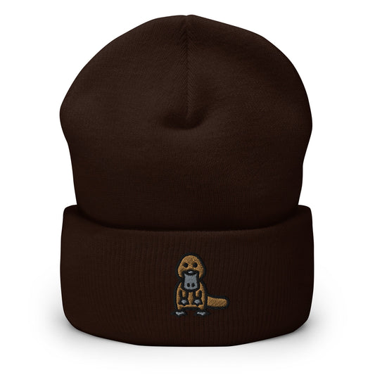 Duck-Billed Platypus Embroidered Beanie, Handmade Cuffed Knit Unisex Slouchy Adult Winter Hat Cap Gift