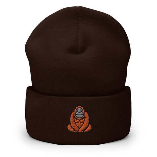 Orangutan Great Ape Great Ape Embroidered Beanie, Handmade Cuffed Knit Unisex Slouchy Adult Winter Hat Cap Gift